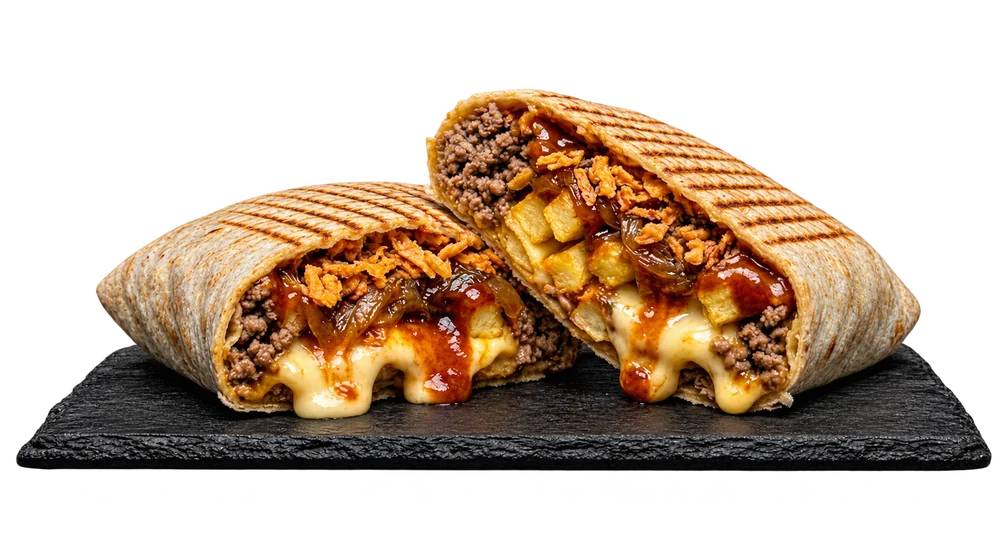 Dos mitades de taco francés a la plancha, con carne picada, patatas, cebolla frita y queso fundido